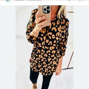 Leopard Print Velvet midnight blue and cooper color button down top